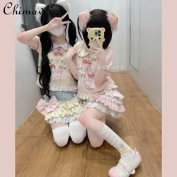 New 2024 Sweet Girls Kawaii Cartoon Printed Bow Short Sleeve Cotton T-shirt Sweet and Cute Cake Skirt 2 Piece Set Women Outfits