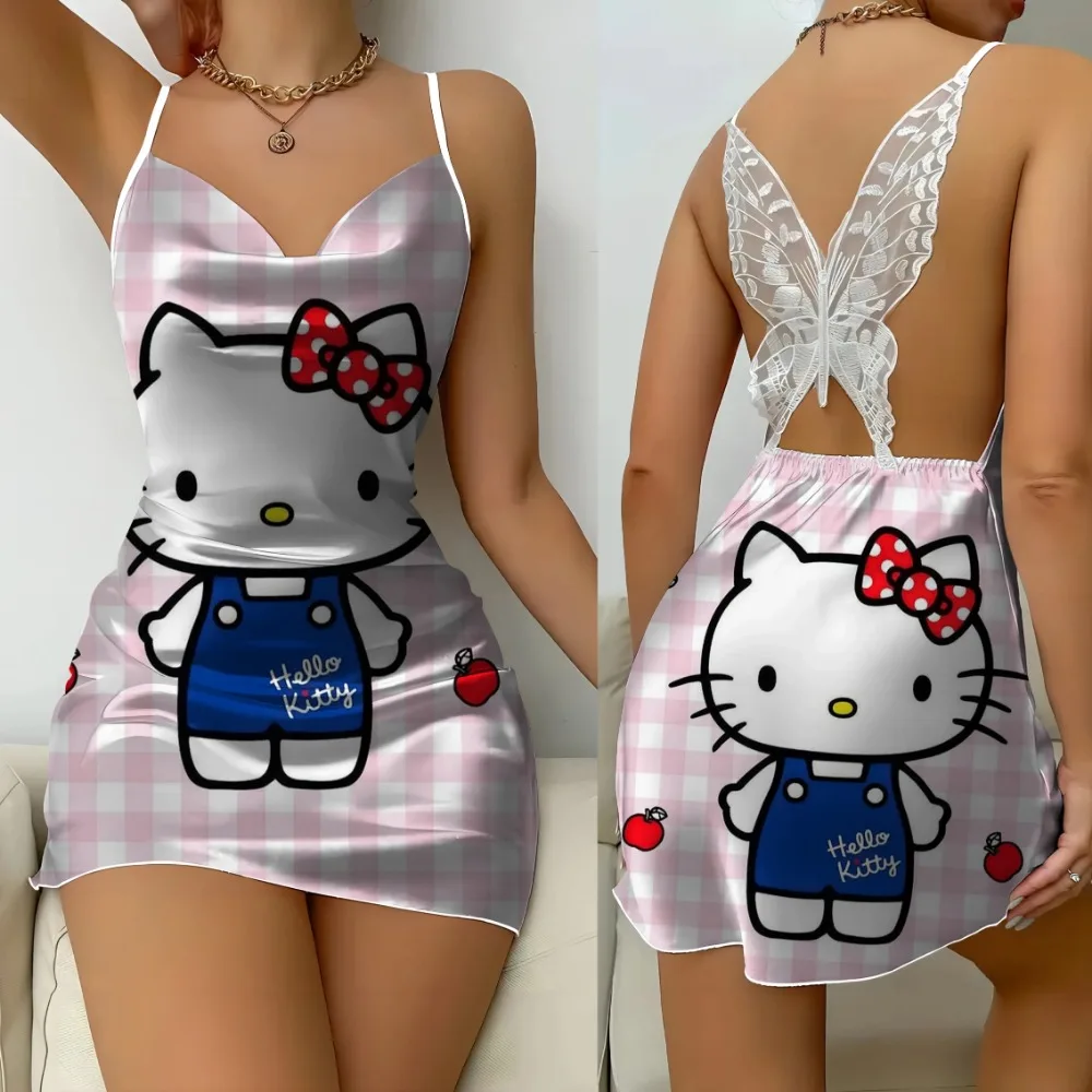 Kurze Kleider mit Satinoberfläche, Hello Kitty, Schleife, Knoten, Heimkleid, Pyjama, modisch, bequemer Rock, Damenmode, Sommer 2025,