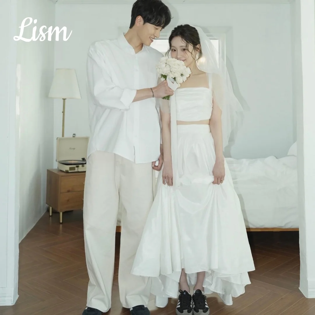 Lism Simple A Line 2 Pieces Korean Wedding Dresses Pleats Taffeta Bridal Gowns Sleeveless Floor Length Sleeveless Customized
