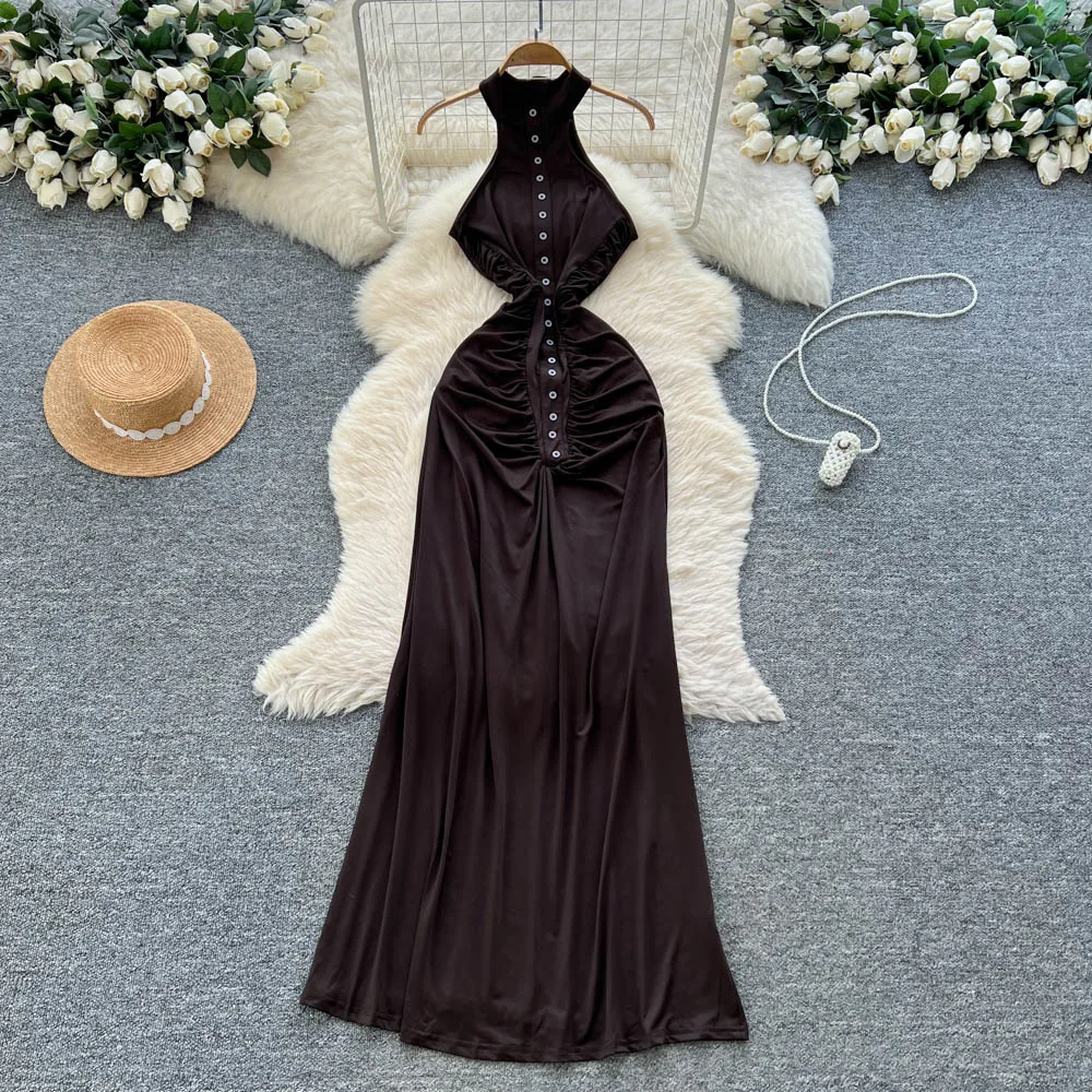 

Шикарная винтажная плиссированная одежда без рукавов на пуговицах, элегантная сказочная корейская модная осенняя женская одежда, длинное платье