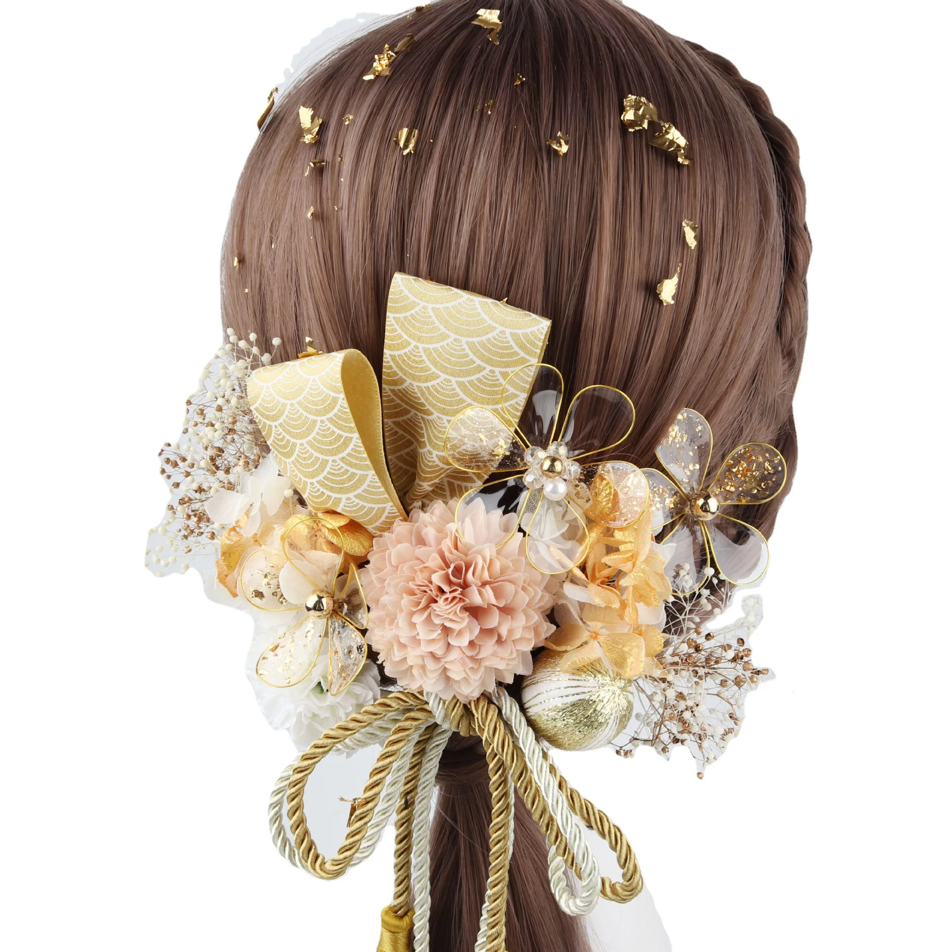 Japanese-style Ceremonial Hairpin with Dry Flower Style, Artificial Floral and Crystal Accents for Coming-of-Age and Graduation