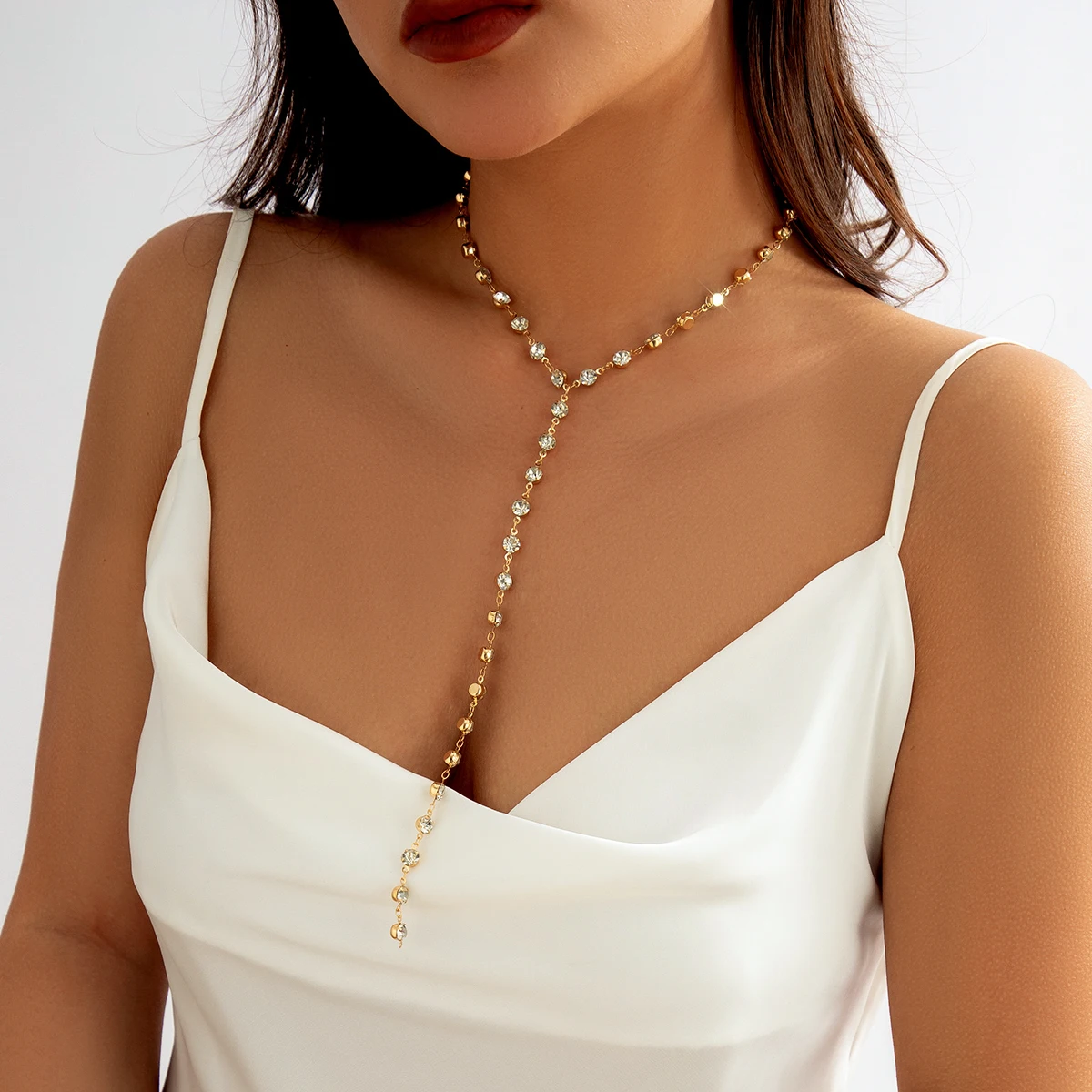 Lacteo Fashion Metal Link With Rhinestone Choker Necklace for Women Jewelry 2023 Sexy Long Chest Chain Necklace Wedding Party