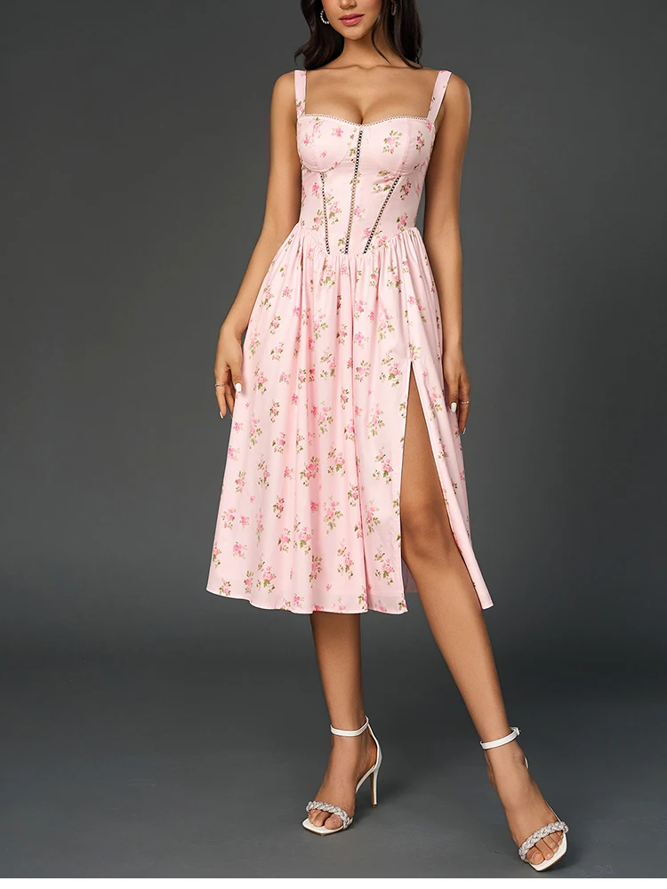 NewAsia Damen-Midikleid mit Blumendruck, Träger, A-Linie, sexy, hoher Schlitz, rückenfrei, zarte Ausschnitte, Sommerparty, Strandurlaubskleid