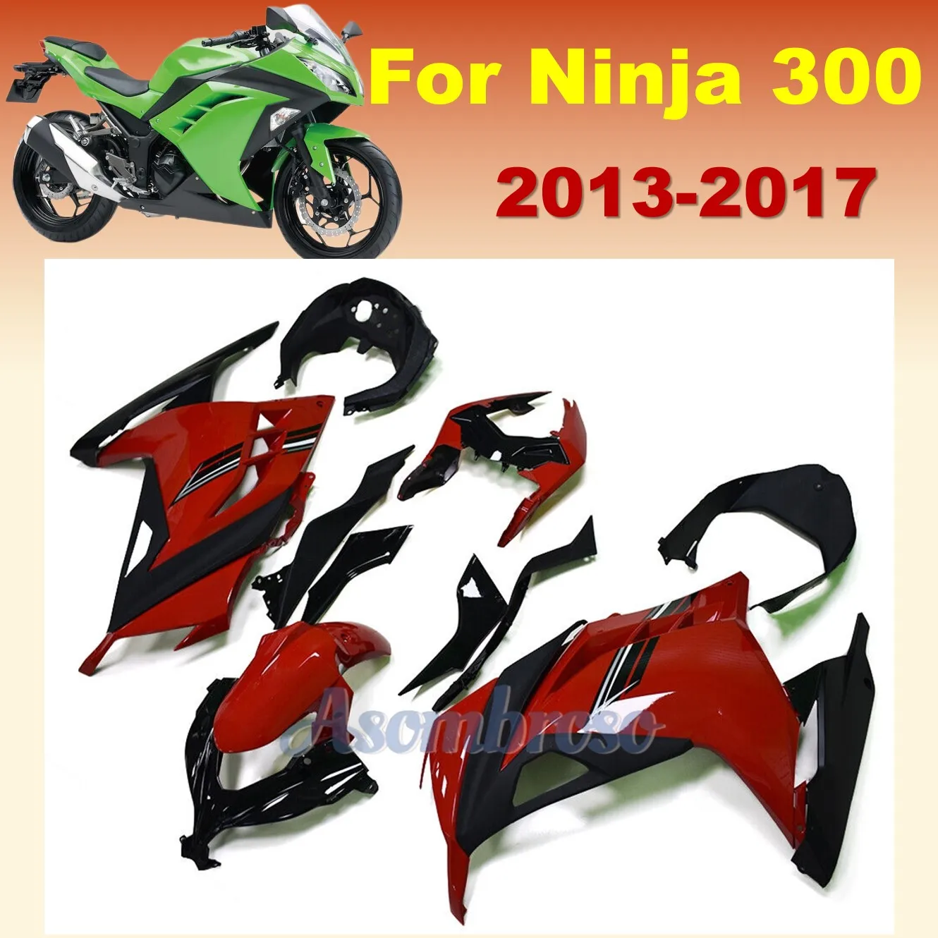 Kit de carenagem de estilo quente para motocicleta, Ninja300, 2013, 2014, 2015, 2016, 2017, EX300R, 13-17, Ninja 300, vermelho, preto, carenagens