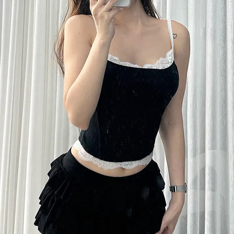 

Lace Patchwork Tank Top Women Solid Cropped Camis Sleeveless Knitted Crop Top Summer Mini Vests Korean Y2k Accessories NWQ35