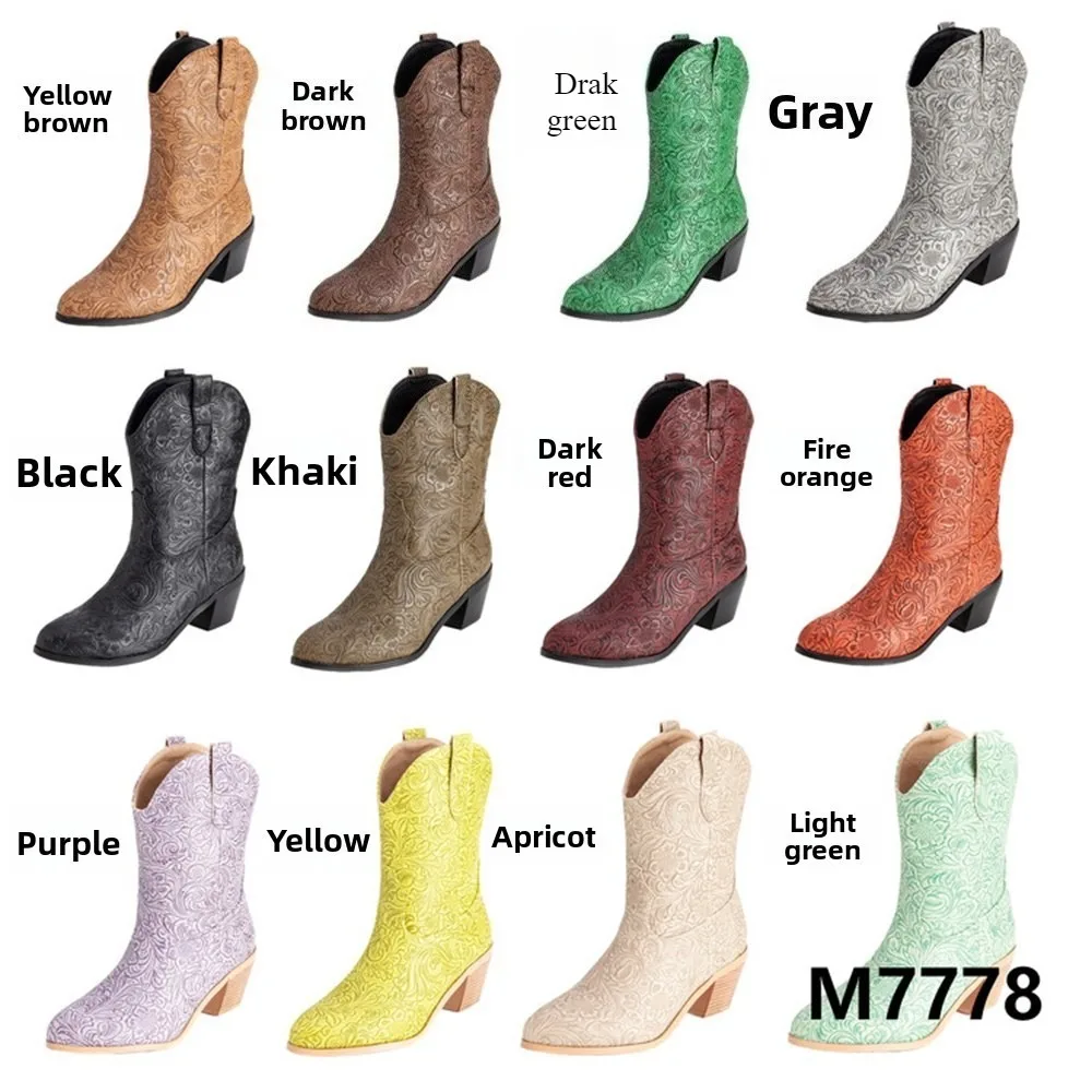Embossed Pattern Western Cowboy Ankle Boots Block Heel Pointed Toe Vintage Fashion Boots Multi Colors Plus Size 32-54  M7778-A view 2