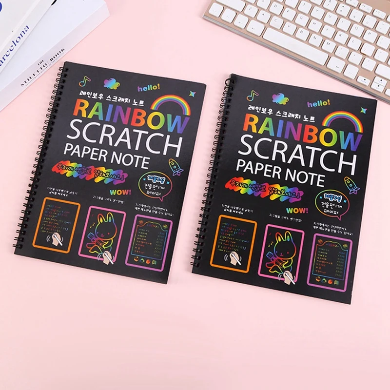 2PCS Scratch Paper Notebook Black DIY Rainbow Art Paper Card Neon Scratch Book With Wood Stick