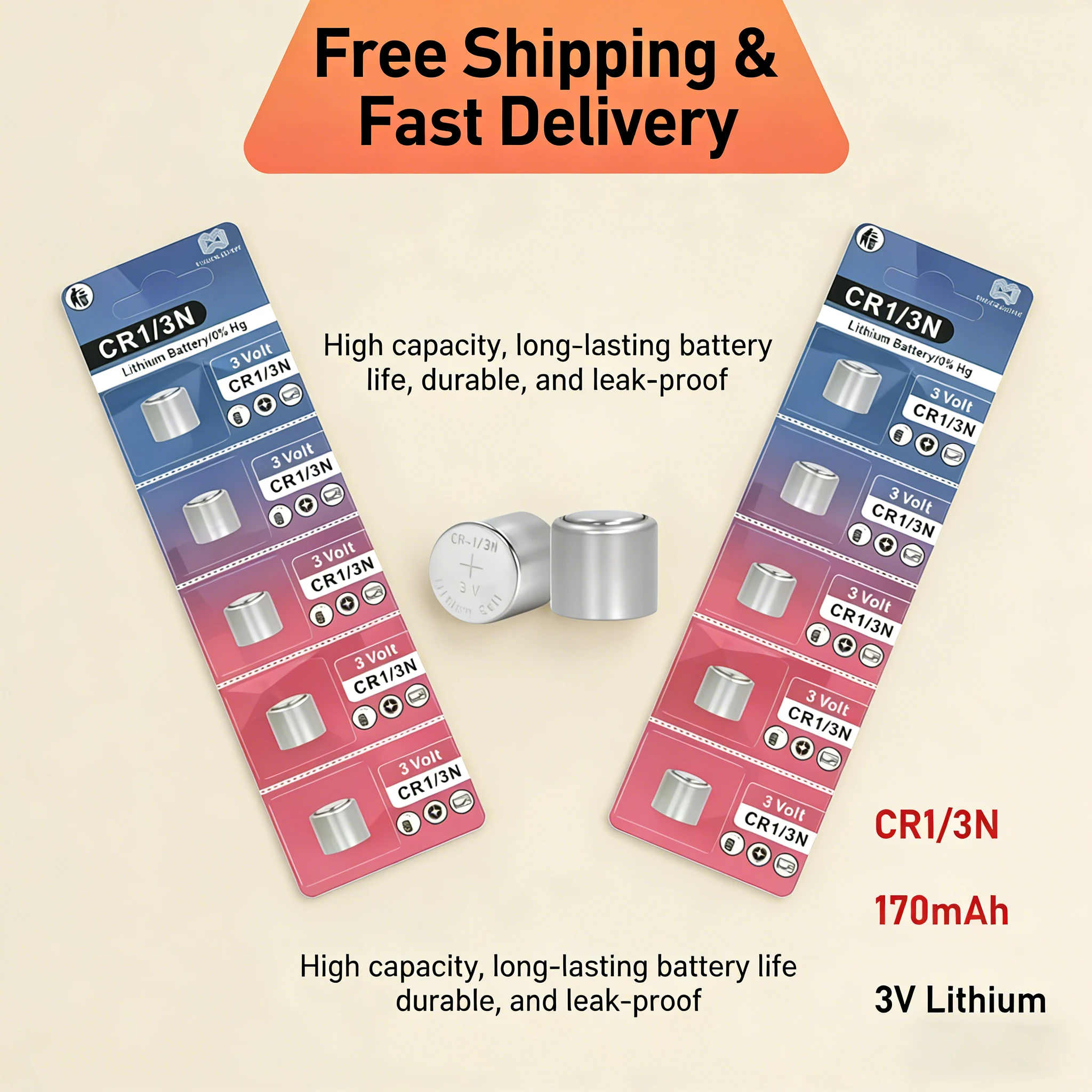 CR1/3N 3V Lithium Button Cell DL-1/3N KCR1/3N CR13N 170mAh High Capacity Battery for Camera, Laser Pointer, Pet Collar