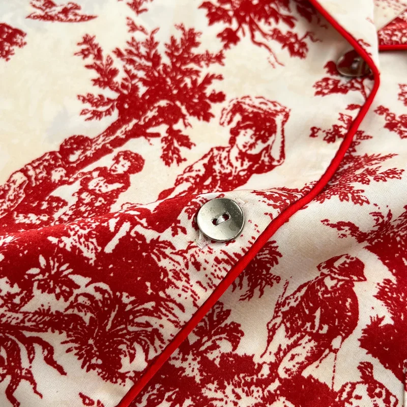 طقم بيجامات حمراء قميص وسراويل مثير للسيدات صيف ربيع جديد ملابس منزلية ناعمة رايون ملابس نوم 2 قطعة بيجامات مطبوعة ملابس نوم