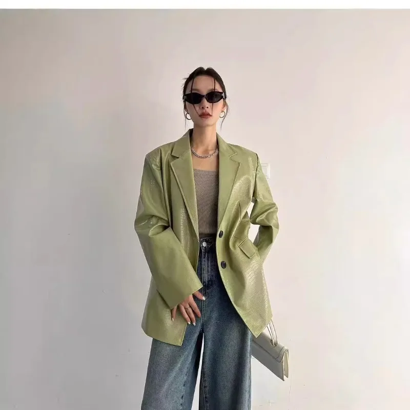 Herfst Winter PU lederen zakelijke blazerjas voor dames Vintage reversknop met lange mouwen Werkjas Losse uitloper met zak