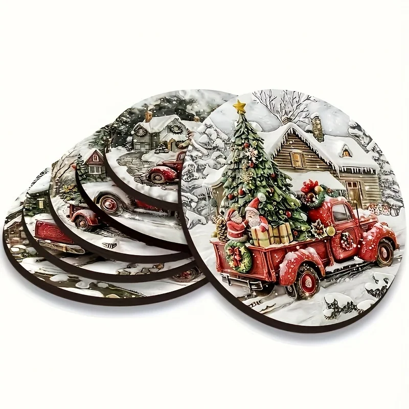 Cozy Christmas Scene Pattern 2D Wooden Coaster Festive Tabletop Protection Restaurants Cafes Offices Home Part Seasonal Decor