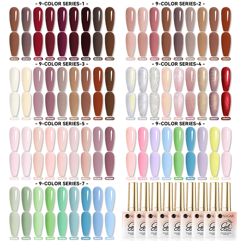 

UR SUGAR 15ml Gel Nail Polish Set 9Pcs Nude Pink Red Glitter Semi Permanent UV Gel Polish Kits All For Manicure Soak Off Vernis