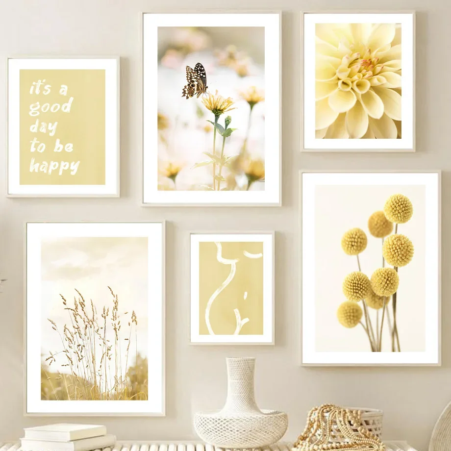 Yellow Dahlia Sunflower Orchid Butterfly Beige Wall  Canvas  Nordic Posters And Prints Pictures For Living Room Decor