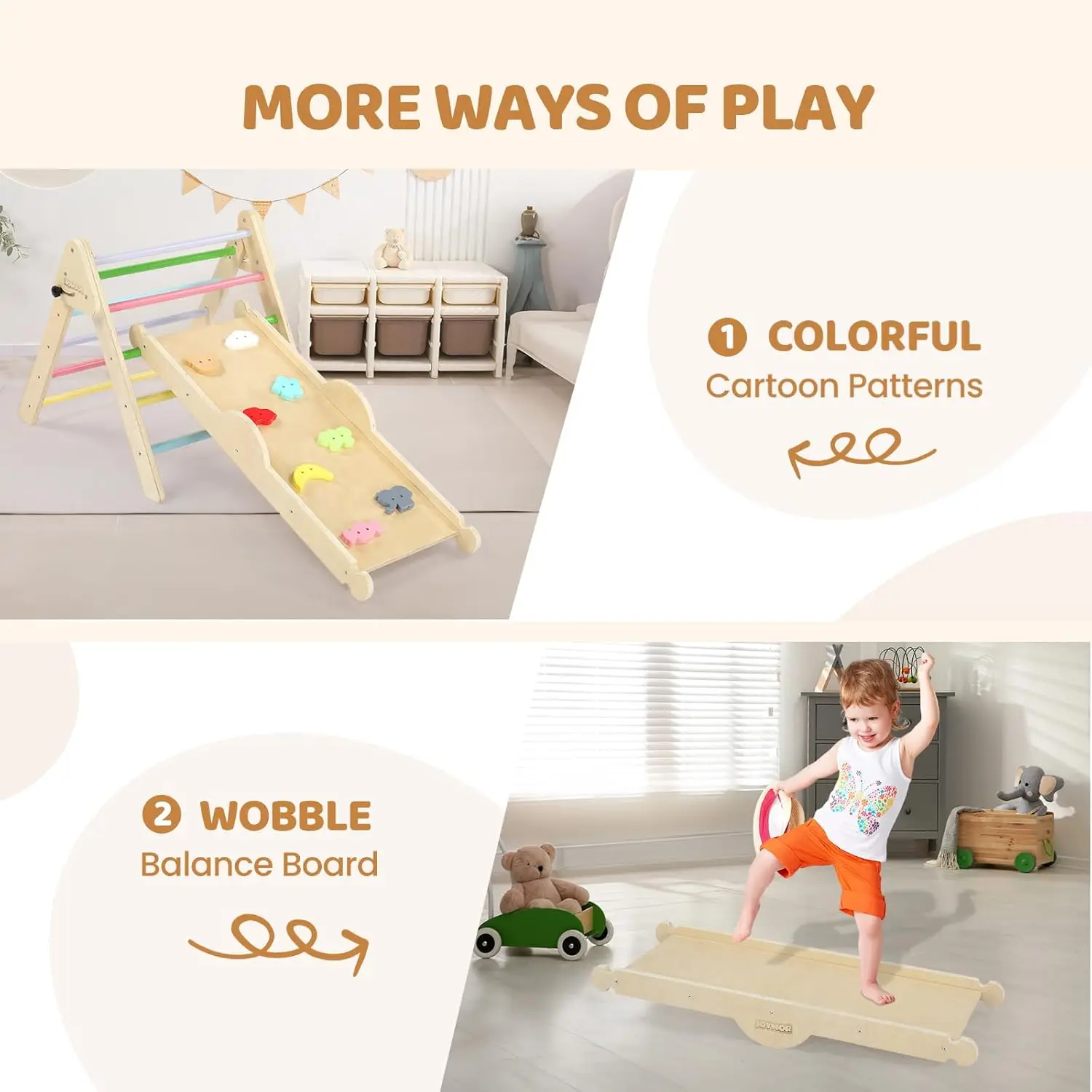 9-in-1 Pikler Triangle Set with Cushion Large, Montessori Wooden Climbing Toys for Toddlers with Colorful-Patterns Rocks, Seesaw
