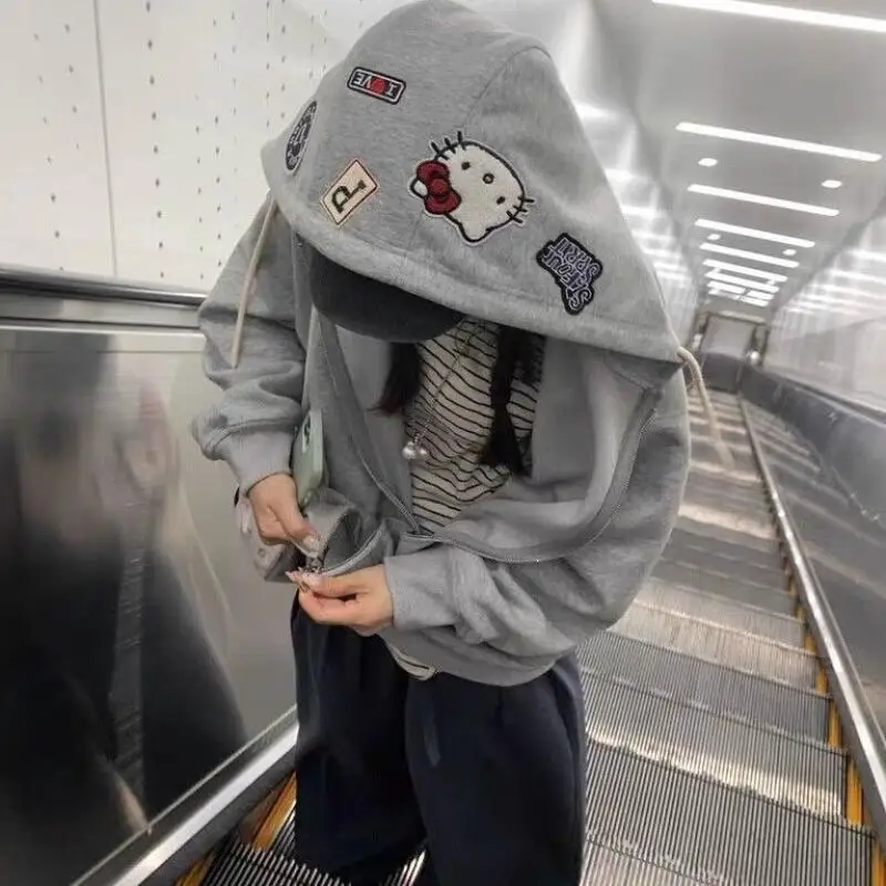 

Cartoon Hello Kittys Embroidered Hooded Cardigan Women's Loose Casual Zipper Jacket Y2K Girls Sweet Cool Tops Outerwear Street