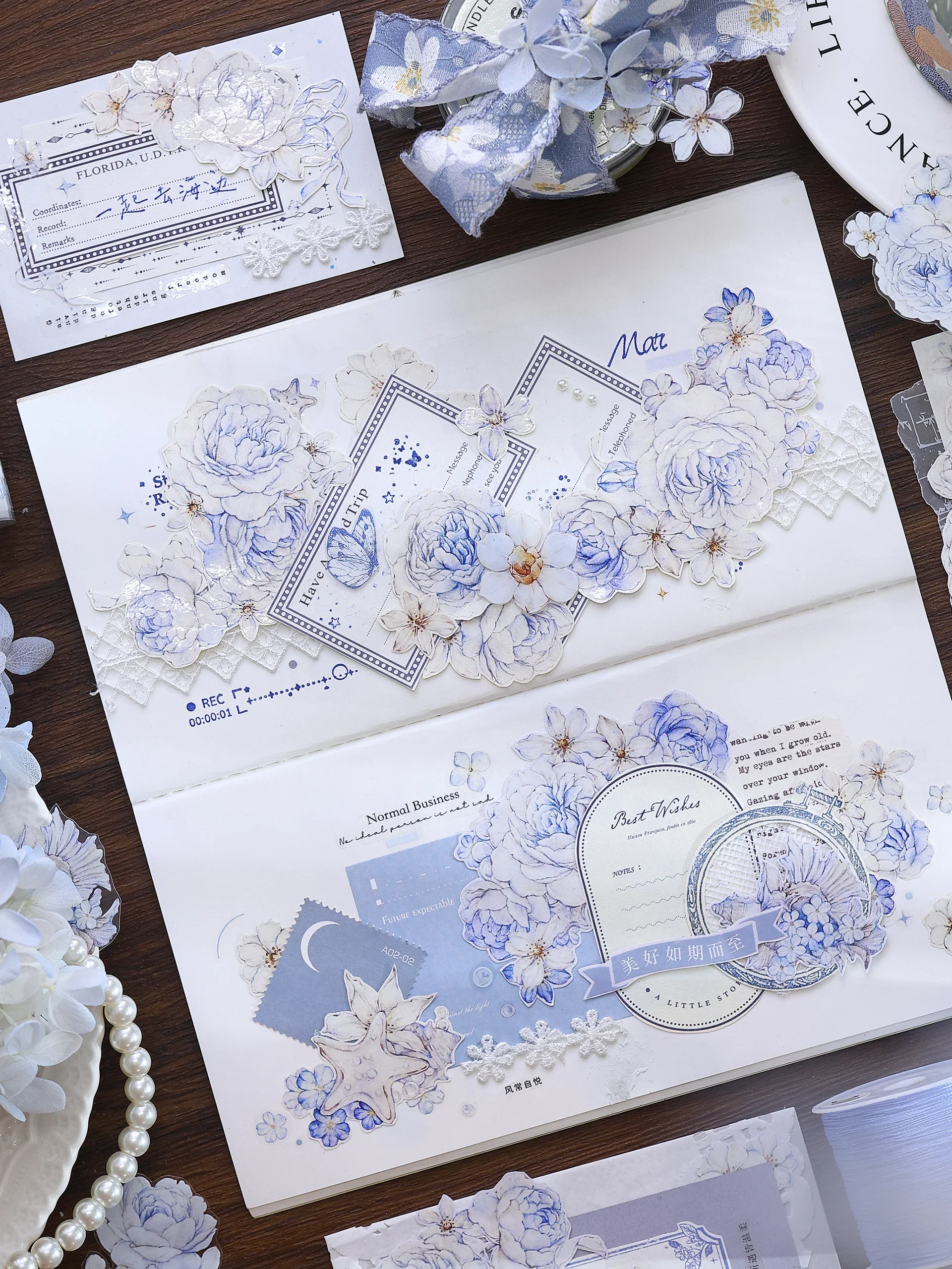 Xiao Bai Jia [painted Blue] Light Retro Blue and White Rose Rose Paper Washi PETJournal Tape