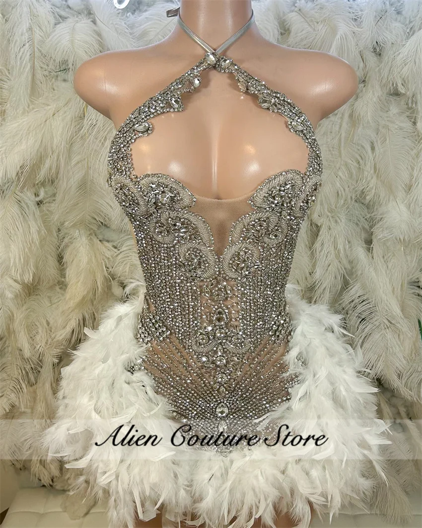 2024 Birthday Dress Silver Beads Short Prom Feather Crystal Rhinestones Gown Cocktail Dress Birthday Vestidos Leather Customized