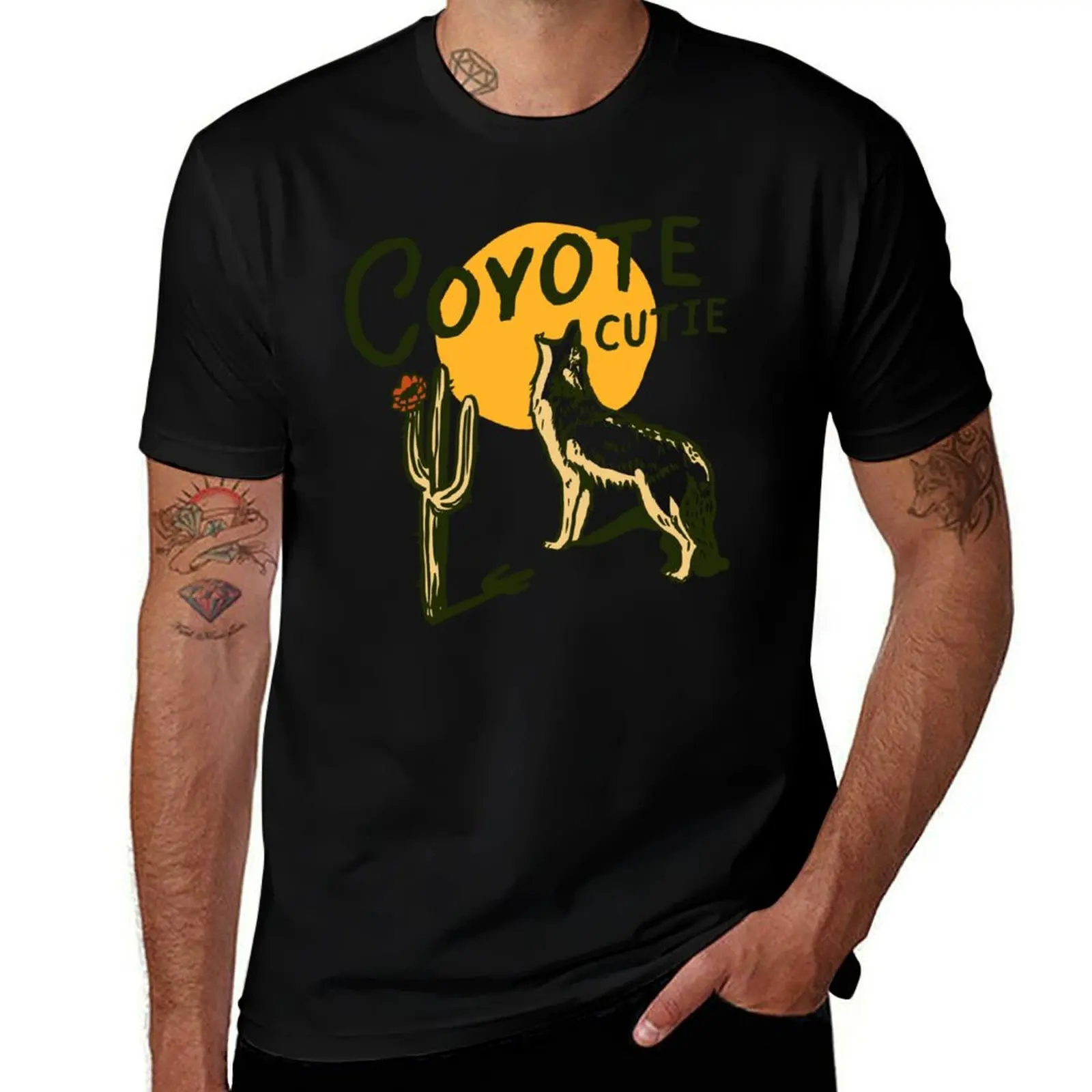 Coyote Cutie: Cool Desert Cactus, Rose & Coyote Illustration T-Shirt cute tops tees custom t shirt Men's t-shirts