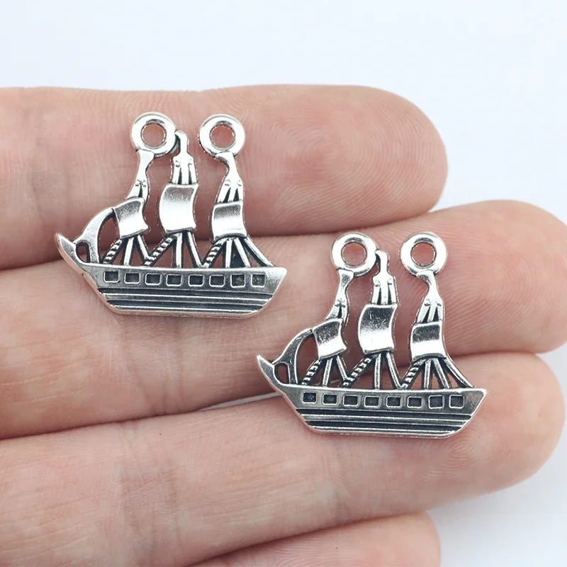 10 Pieces/Lot 22*25mm Mixed Alloy Antique Silver Color Sailboat Charms Necklace Pendant Connector For DIY Jewelry Making