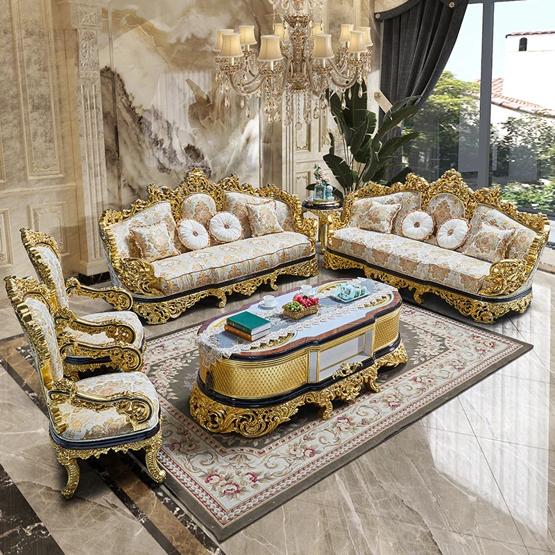 

French luxury full solid wood carving flower sofa fabric villa high-end sofa set