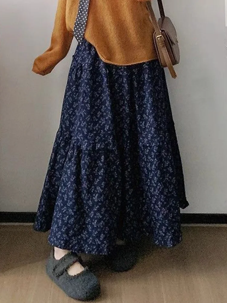 Spring Summer Vintage Floral Long Skirts Women Loose High Waist Sweet A Line Skirt New Retro Female Casual Korean Long Skirt