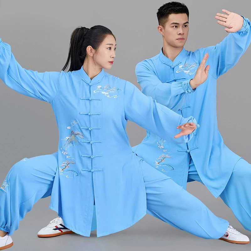 Custom Made Blue Tai Chi Suit with Landscape Embroidery, Women's New Linen Chinese Style Practice Wear for Spring/Summer