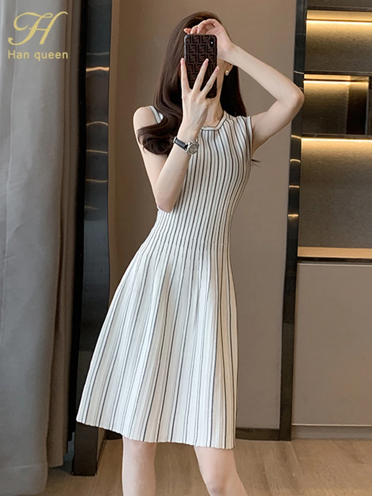 H Han Queen 2024 Summer New Elegant Party Dresses Korean Stripe Vintage Vestido A-Line Casual Office Short Dress Woman Clothes