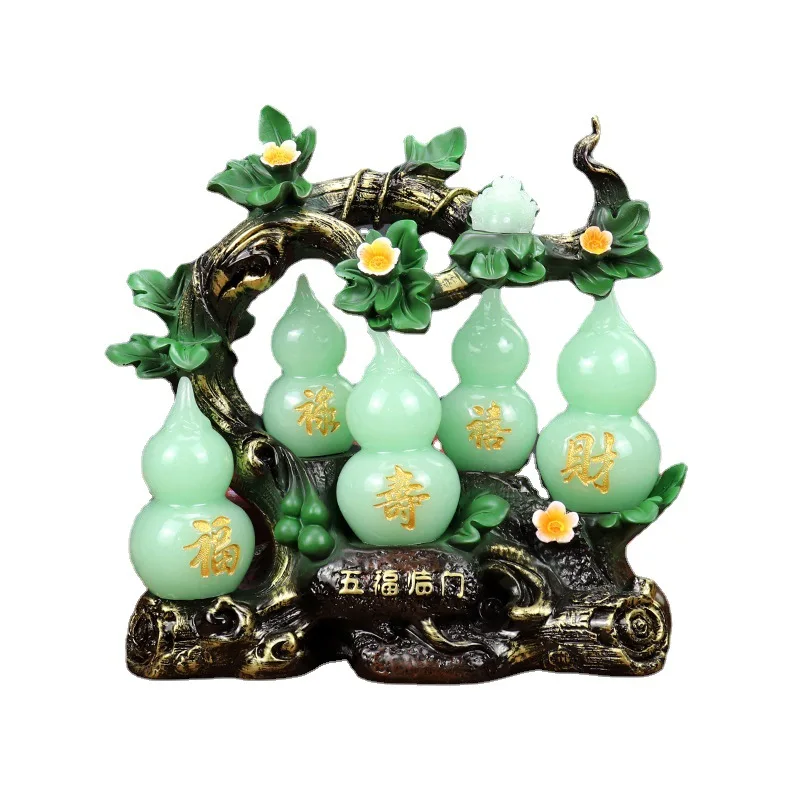 

Feng shui Five Blessed Gourd Resin Sculpture Imitation jade Asia Home Decor Statue lucky and money wu lou Ornament Crafts gift