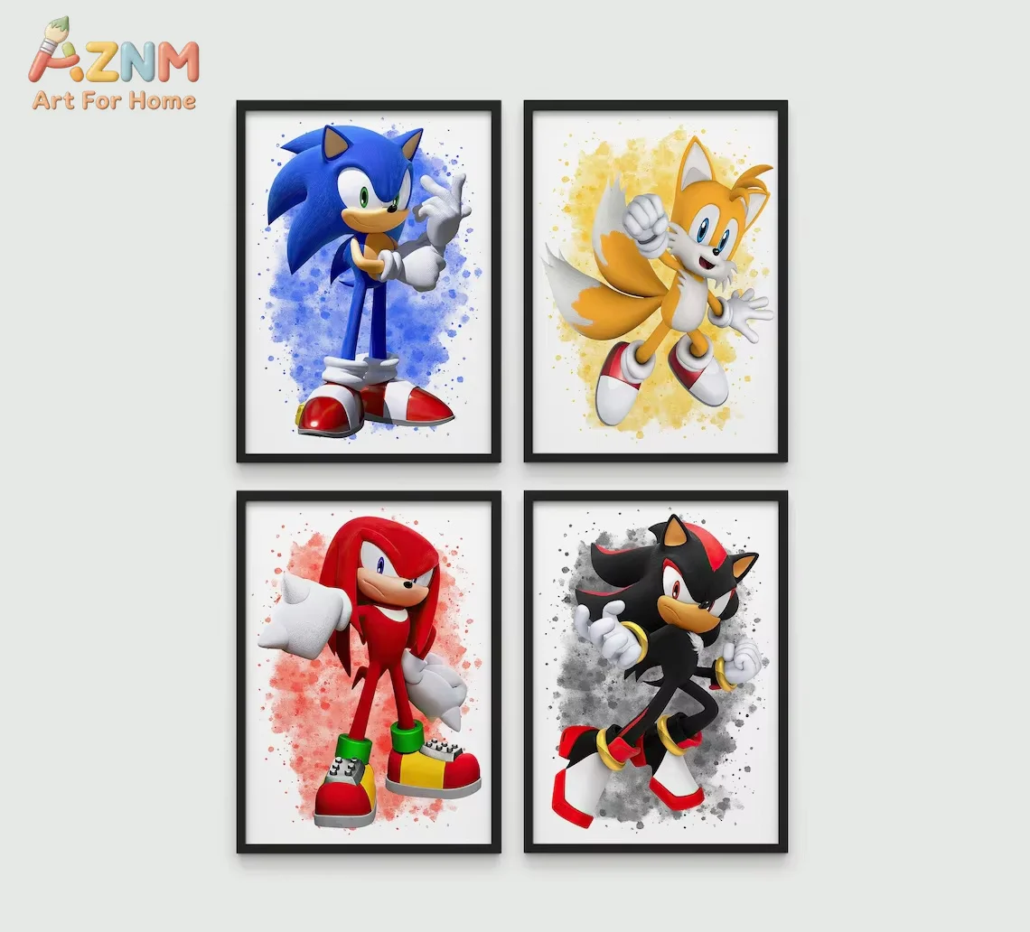 AZNM Sonic the Hedgehog Wall Art Sonic Poster Bundle | Kids Room Decor | Sonic, Tails, Knuckles, Shadow | Sonic Gifts | So