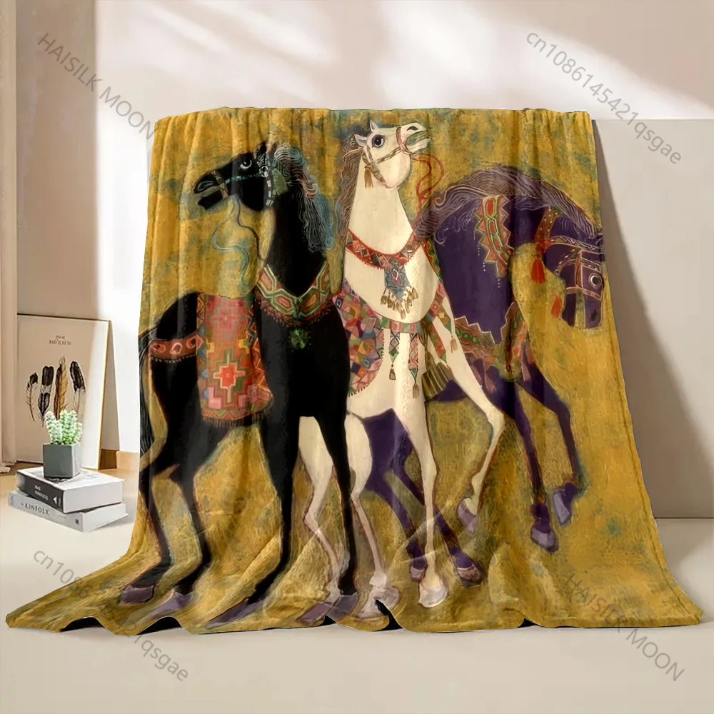 Three Horses in Ink Painting Style Print Blanket Flannel Material Soft Warm for All Seasons, Home Outdoor Camping Picnics RV