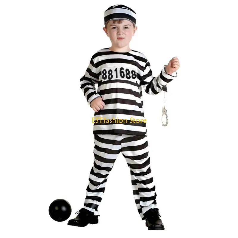 Y5GC Multifunctional Polyester Kids Convict Outfit With Numbers Halloween Role Play Costume Photography Props Accessories