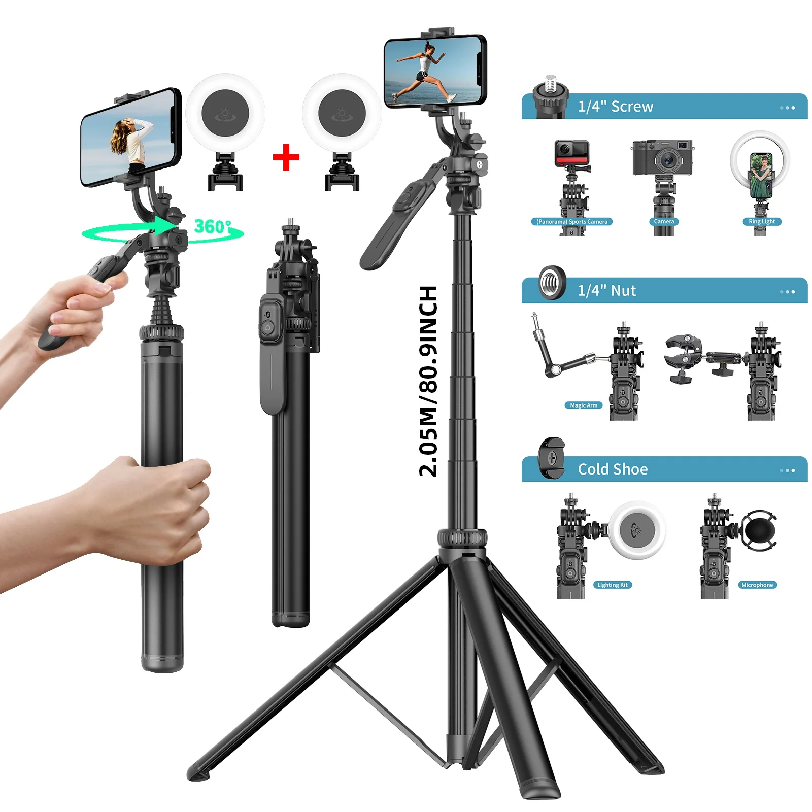 

2055mm Mini Selfie Stick Tripod with Wireless Remote Removable Fill Light Extendable Tripod with 1/4 Screw for Phone Camera Live