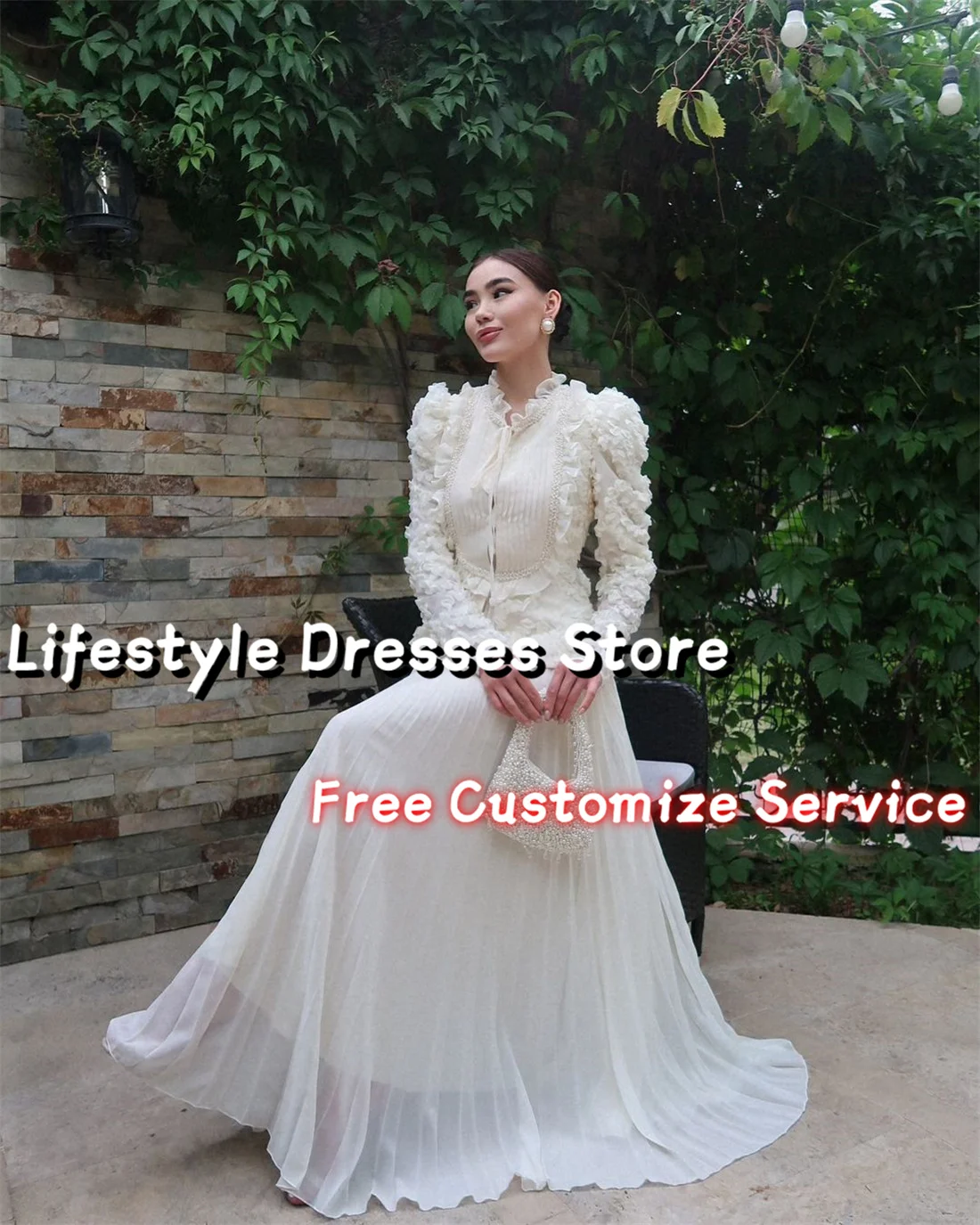 Vintage Pearls Ruffles Evening Dresses Long Sleeves A-Line Chiffon Elegant Prom Dresses 2 Piece Wedding Formal Party Gown