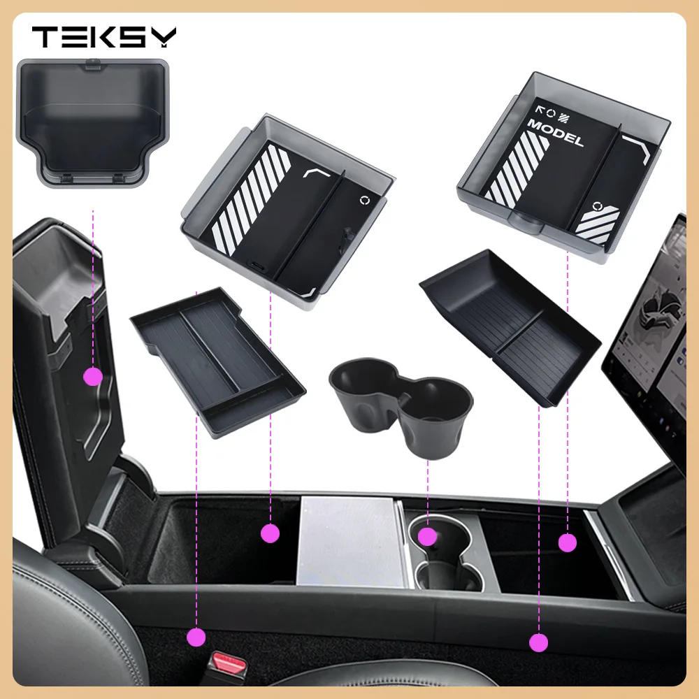 

Interior Organizer Box Fits Tesla Model Y Juniper 2026 Model Y L Translucent Smoked ABS Storage 2/4/6PCS Custom-fit Silicone Mat