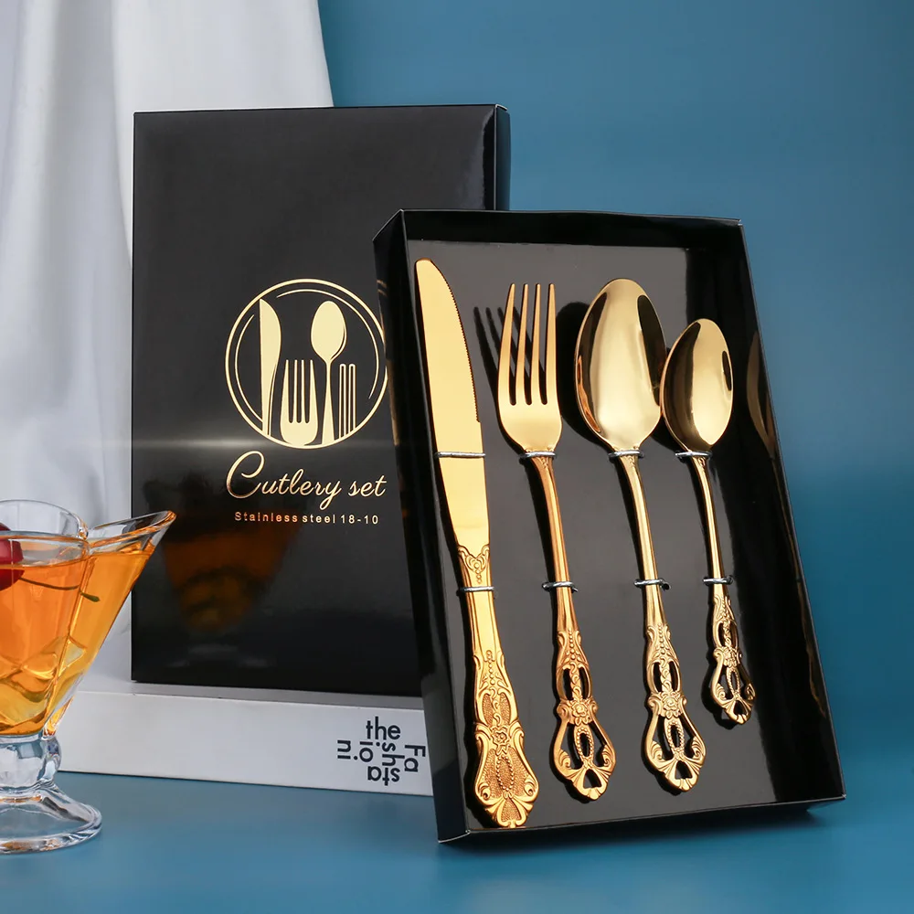 relief tableware set European style stainless steel steak knife, fork and spoon cross-border Western food gift box 24 PIECE SET