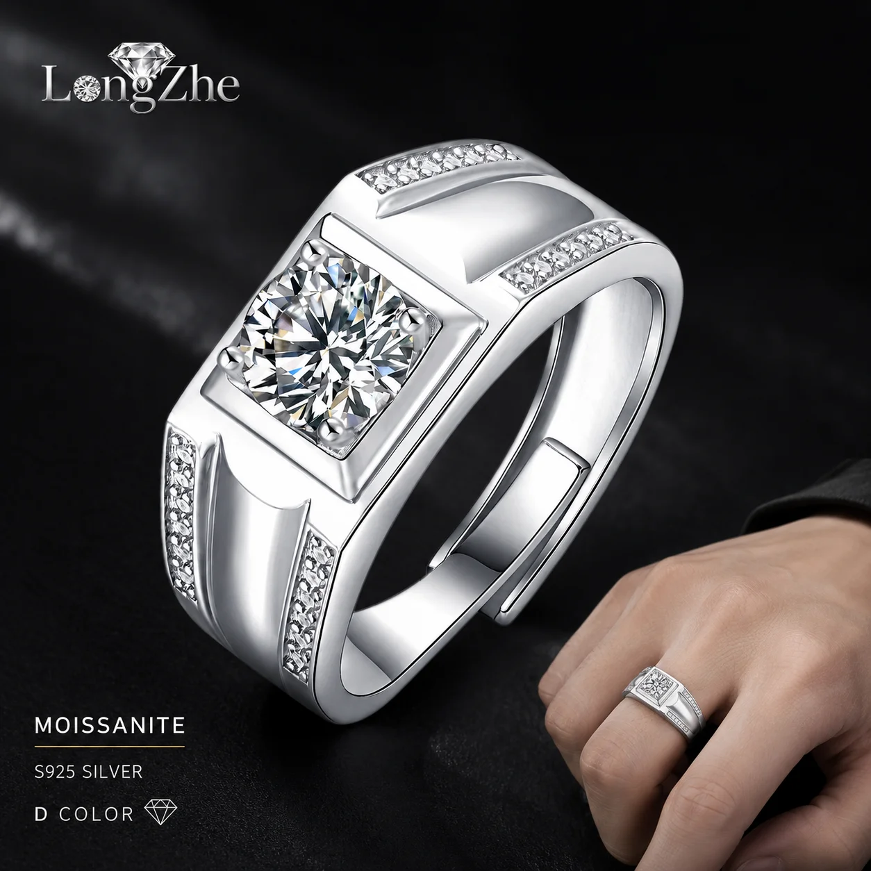 LongZhe Moissanite Ring Silver 925 Ring for Men 1CT 6.5mm Round Cut CZ Side Stone Adjustable Mens Ring Fine Jewelry Gift Party