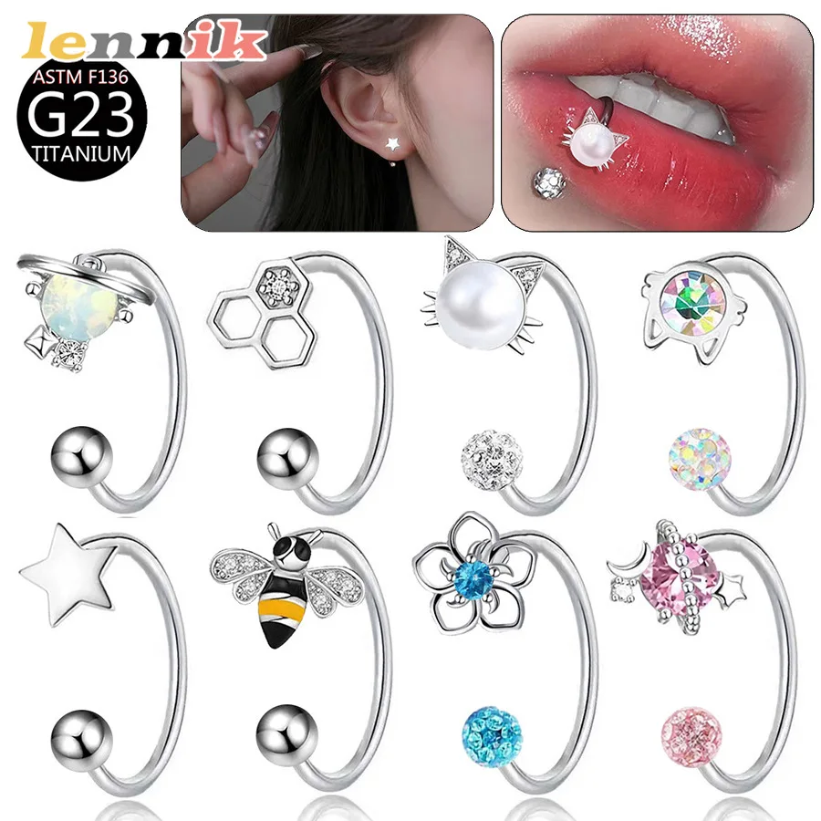 

LENNIK F136 Titanium Alloy Lip Ring Earrings Bee Flower Kitten Inlaid Zircon Lip Ring G23 Hypoallergenic Puncture Product