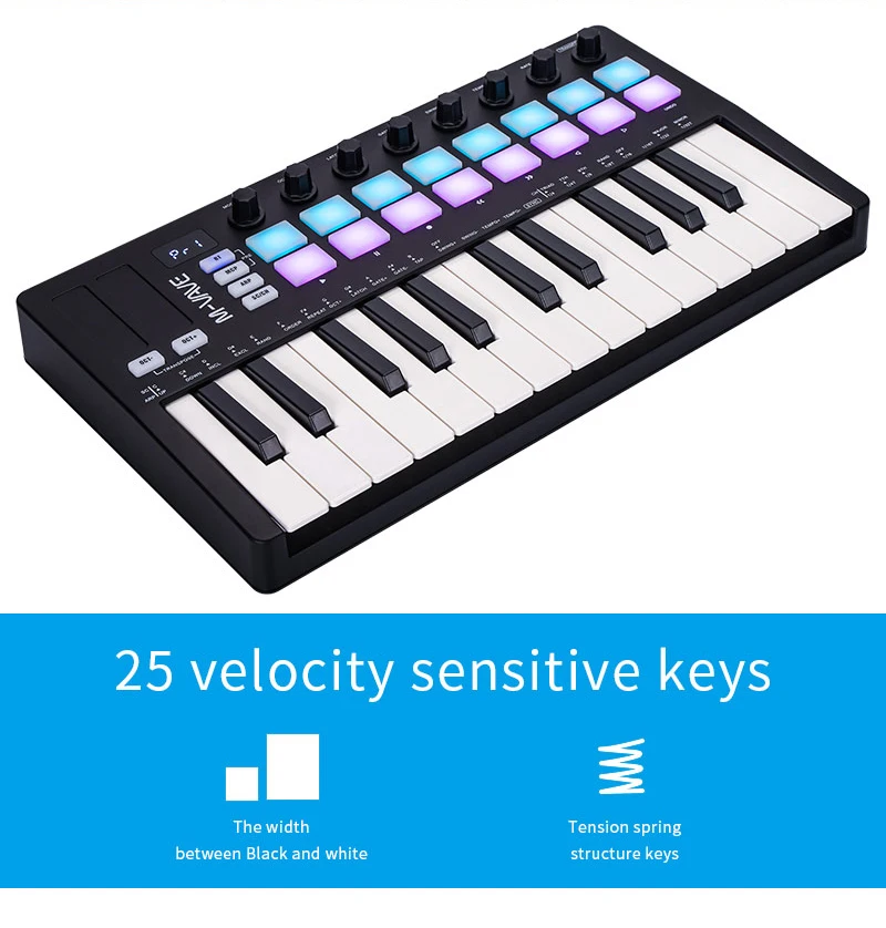 Clavier MIDI M-VAVE SMK-25 II Pro, 25 touches semi-lestées + 16 tampons RGB, 8 boutons de cartographie, logiciel de production musicale inclus