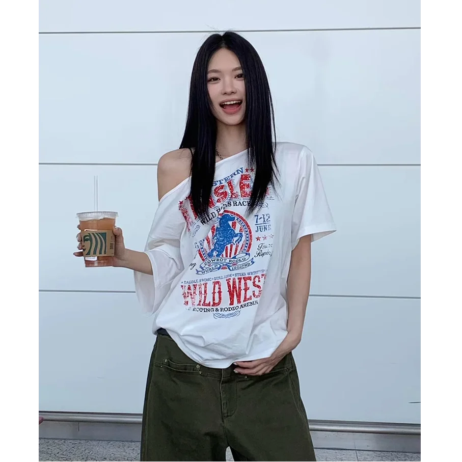 América retro emblema padrão camisetas fora do ombro solto sexy quente feminino punk goth rua moda verão algodão t casual e-girl