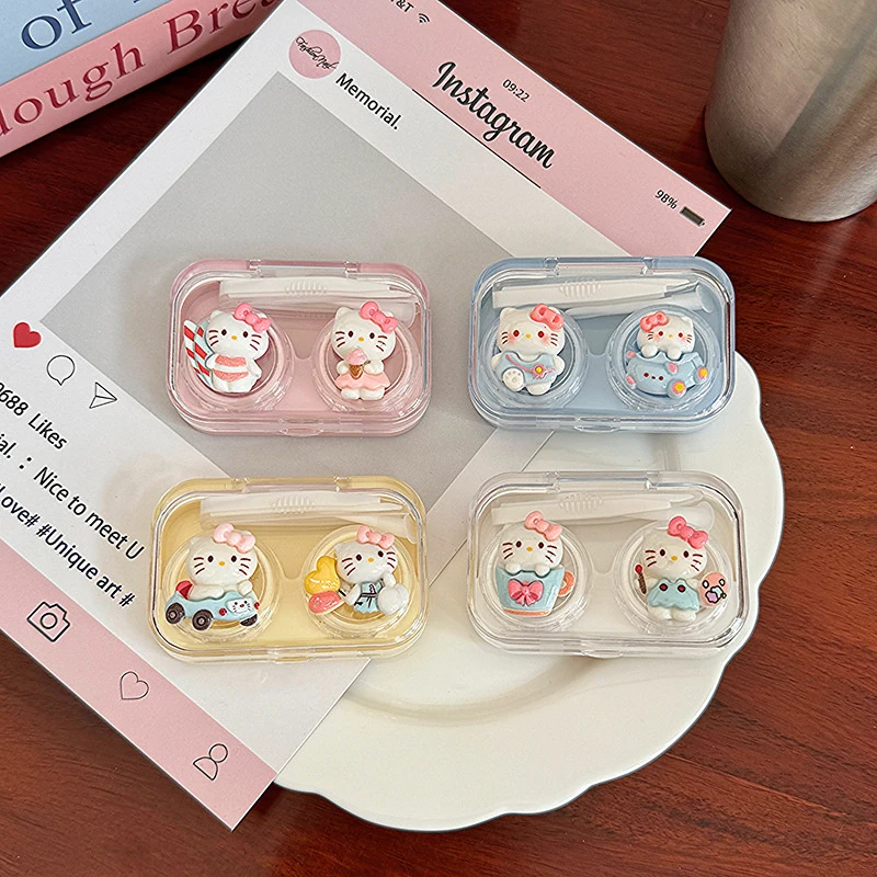 Sanrio Kawaii Hello Kitty Contact Lenses Case Beauty Pupil Storage Box Portable Cosmetic Lens Container W/Wearing Stick Tweezers