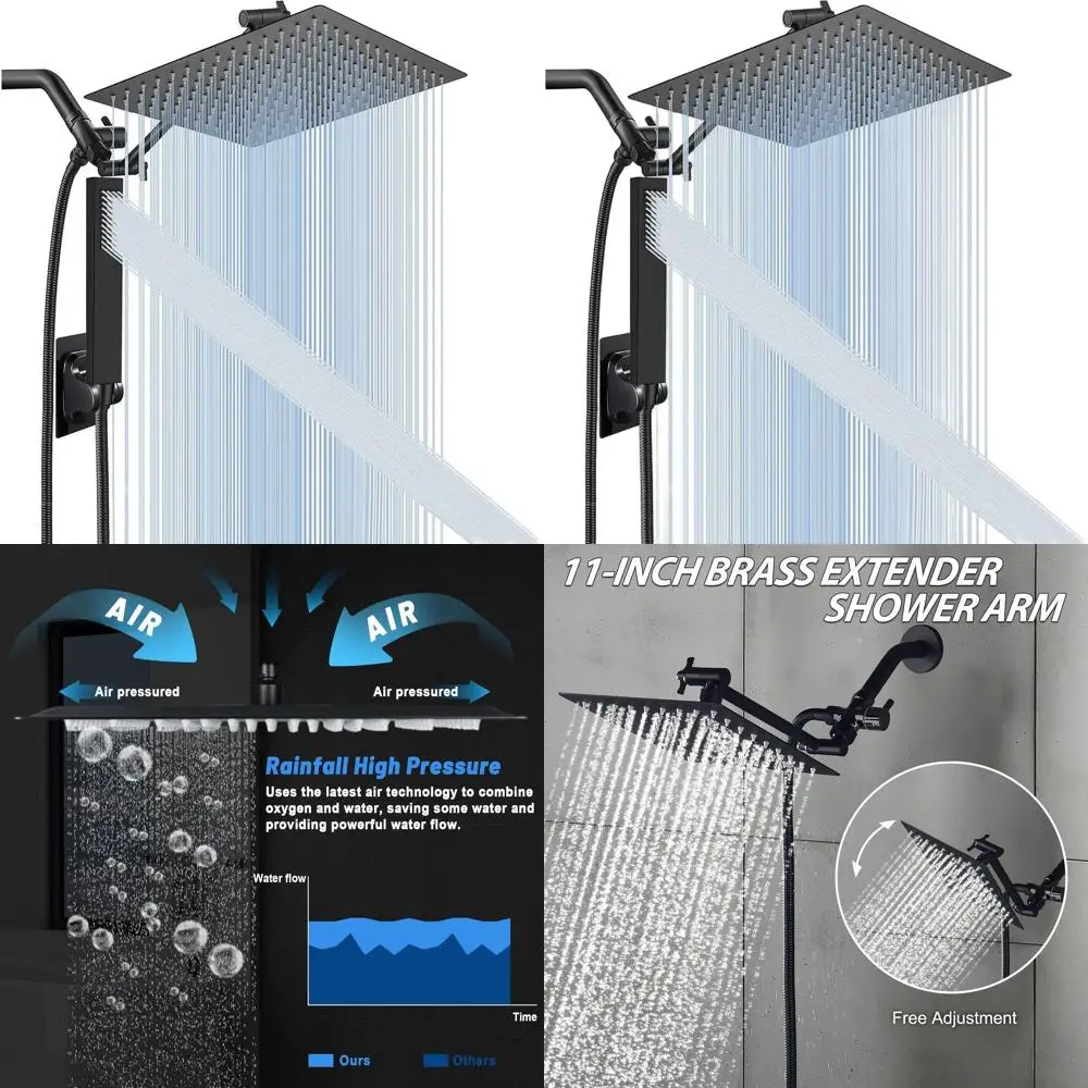 

10-Inch High-Pressure Rain Shower Combo with 11 Extension Arm and 79 Hose, Adjustable Height and Angle, Black
