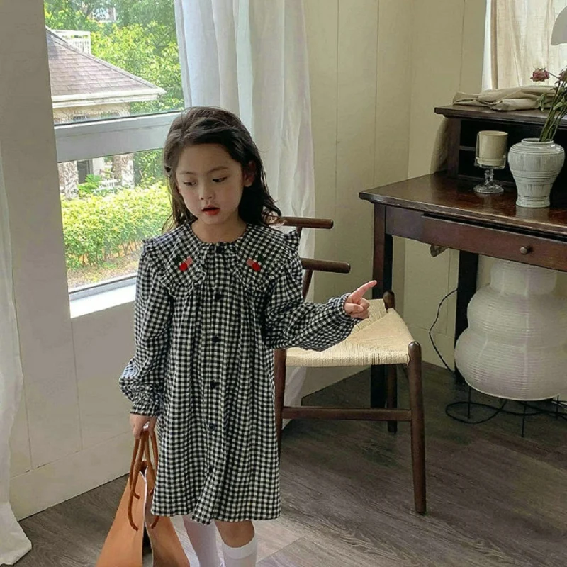 

Girls Big Collar Cherry Plaid Dress Kids Princess Dress 2026 Spring and Autumn New Casual Children's Clothing