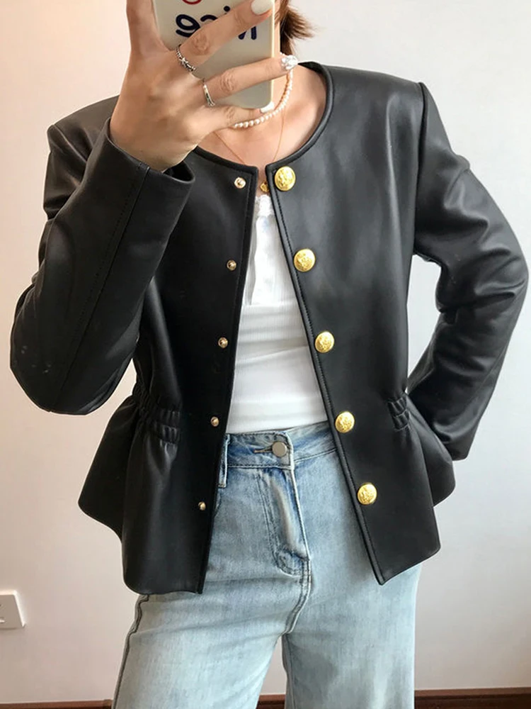 Round Neck PU Leather Jacket For Women Elastic Waist Design Single Breasted Leather Coat Autumn Winter Fashion Style Large Size