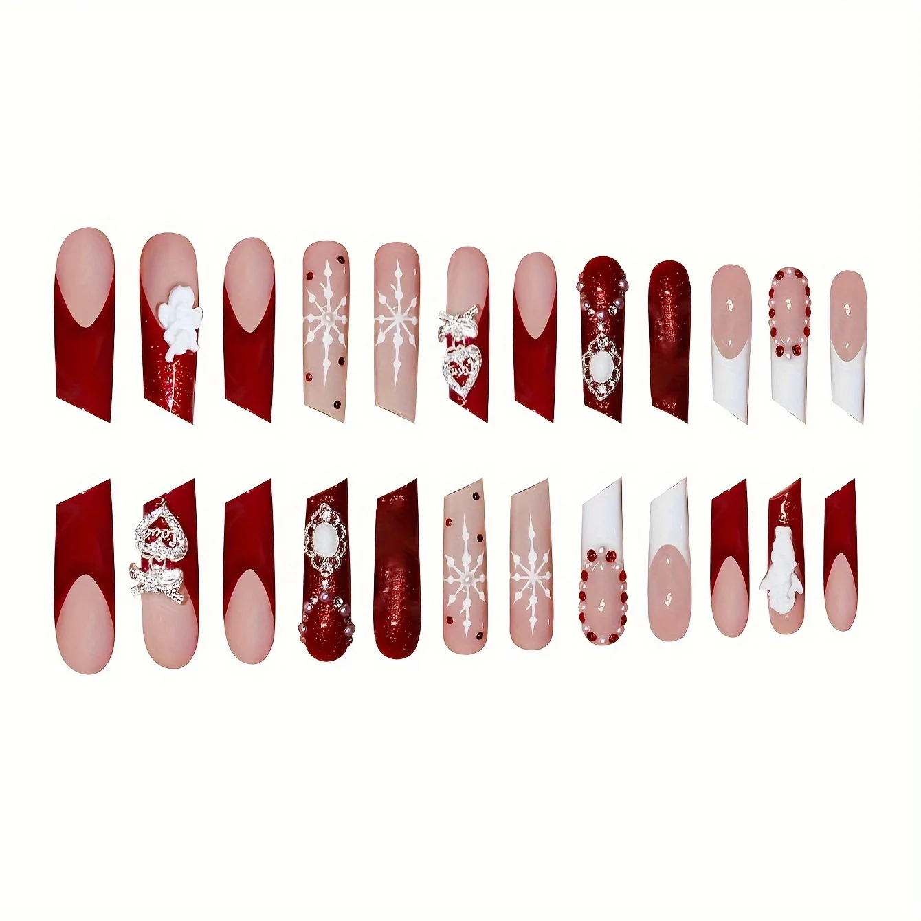 24 Uds lápiz labial largo uñas postizas prensa en uñas Navidad Flash decoración de diamante cubierta completa copo de nieve rojo uñas postizas francesas usables