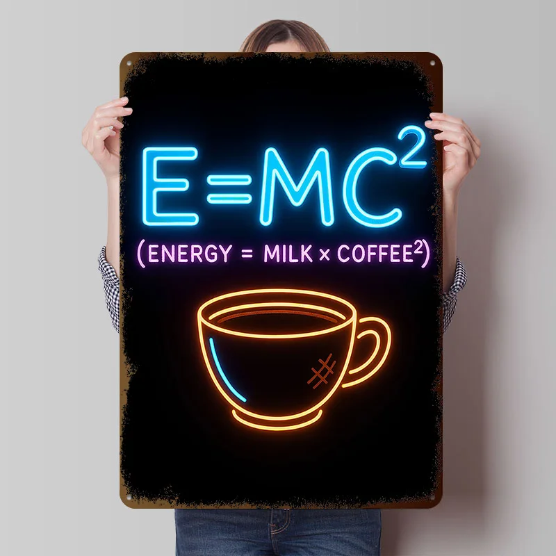 Coffee Energy Equation Neon Art Tinplate Posters Customizable Wall Art Retro Vintage Metal Signs for Home Room Bar Accessories