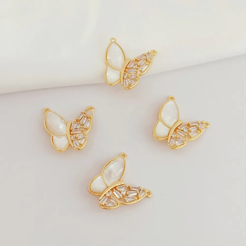 

14K Copper Plated Gold Slightly Trapezoidal Zircon Arc-shaped White Shell Butterfly Double Pendant DIY Handcrafted Pendant