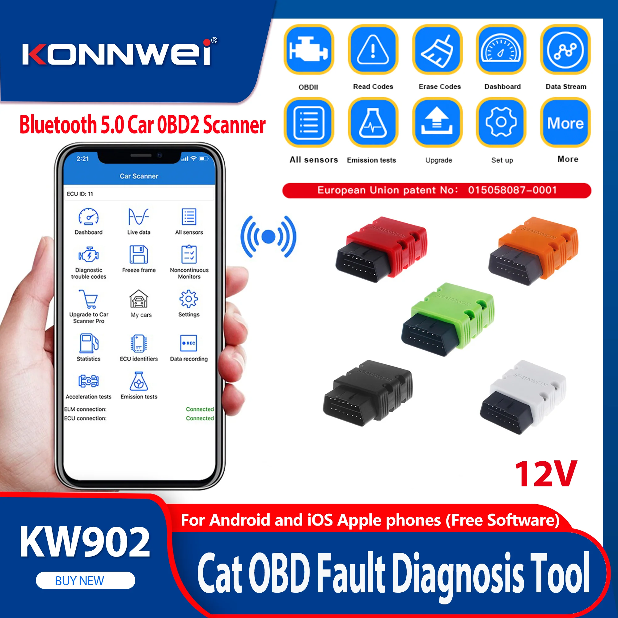 2026 KONNWEI KW902 ELM327 V1.5 OBD2 Car Diagnostic Scanner Bluetooth Auto Scanner Mini ELM 327 KW902 Code Reader for Android/IOS
