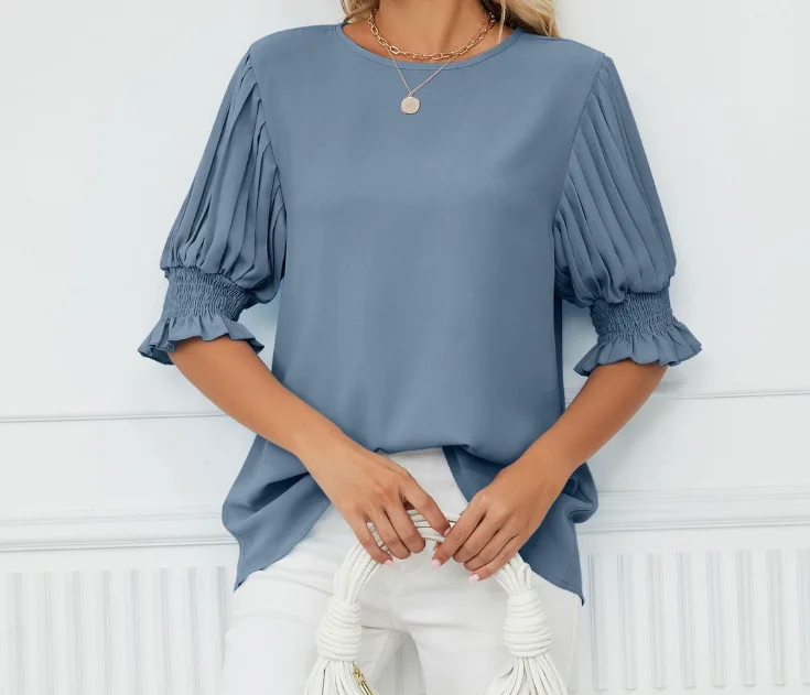 

New solid color round neck ruffled princess sleeve loose chiffon top