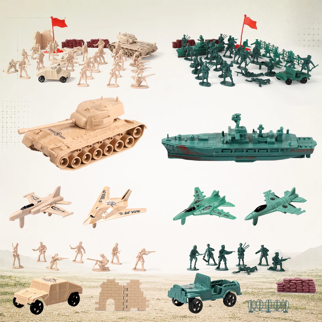 Fotografia 6: ViiKONDO 70 Peças Conjunto Militar Verde VS Tan, Modelo de Veículo Blindado, Tanque, Caça e Navio de Guerra para Wargaming de Mesa