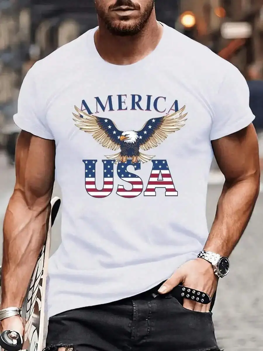 

Mens American Eagle Print T-Shirt Round Neck Short Sleeve Cotton Casual Tee